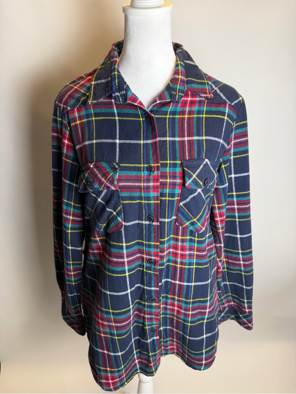 Women’s Matchstick Argus Navy Madras Flannel Plaid Roll Hem Button-Up Cotton Top
